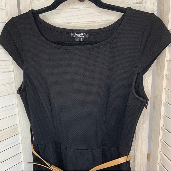 Sequin Hearts A Line Fit and Flare Belted Mini Dress Black and Tan Stripe 9 - Picture 4 of 11